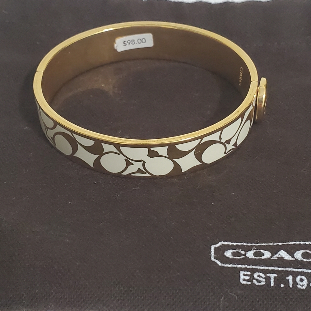 Coach Goldtone and White Sigbature Logo Hinged Bangle Bracelet